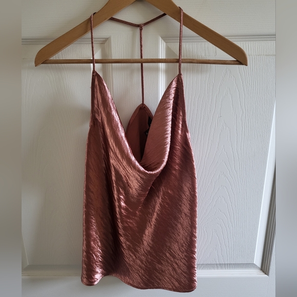 Express Rose Gold Shiny Cowl Neck Top - Picture 2 of 12
